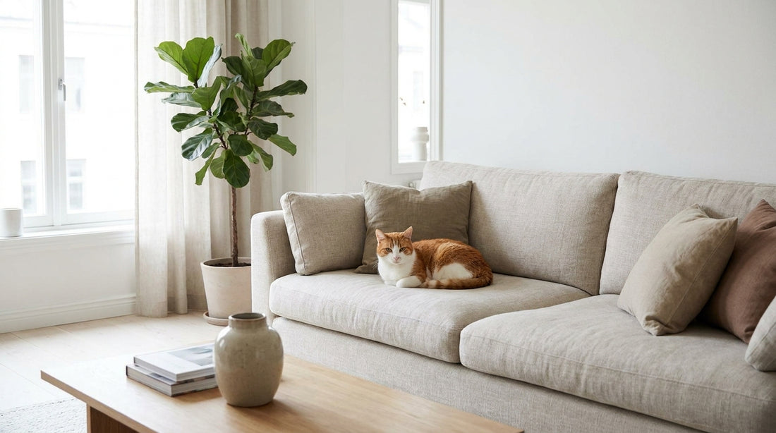 Zufriedene Katze auf sauberem Sofa in frischem Wohnzimmer