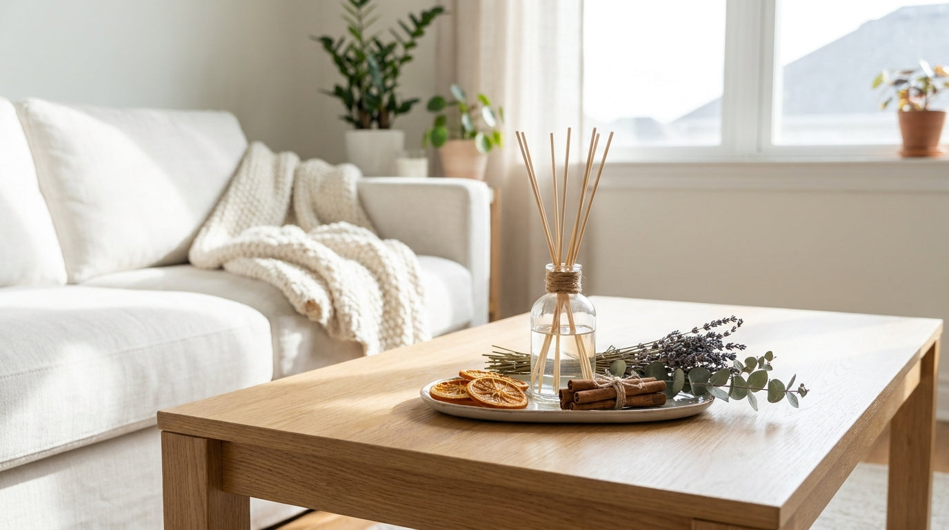 DIY-Raumduft mit Diffuser, Zitrus und Natron auf hellem Holztisch
