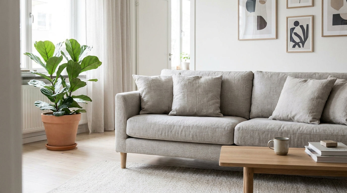 Sauberes helles Polstersofa in frischem Wohnzimmer