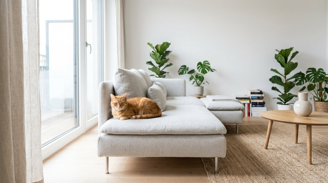 Duftfrisch Raumspray gegen Katzengeruch – frisches helles Wohnzimmer mit Katze