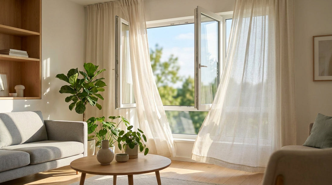 Frisch gelüftetes Wohnzimmer mit offenem Fenster – Rauchgeruch entfernen