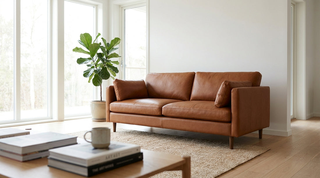 Sauberes braunes Ledersofa in hellem Wohnzimmer
