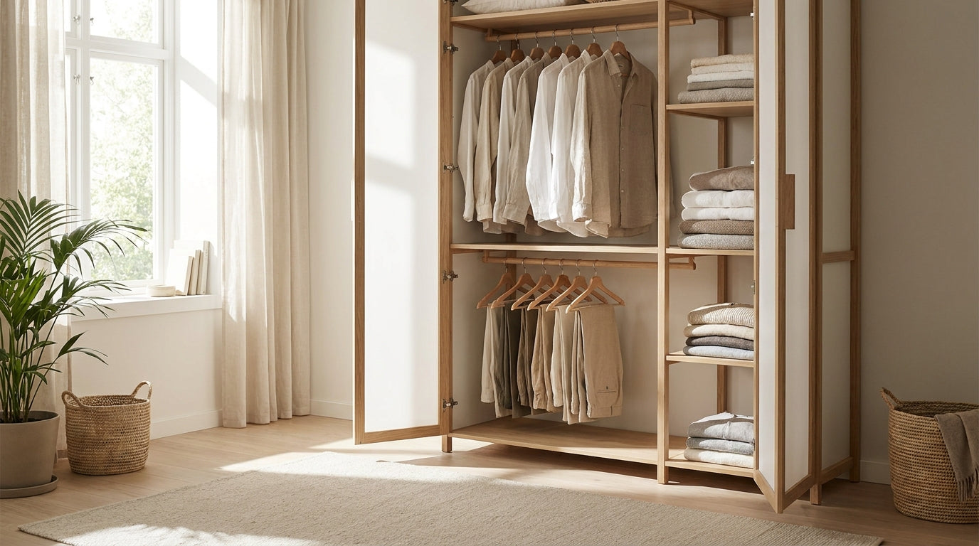 Offener Kleiderschrank mit frischer Kleidung
