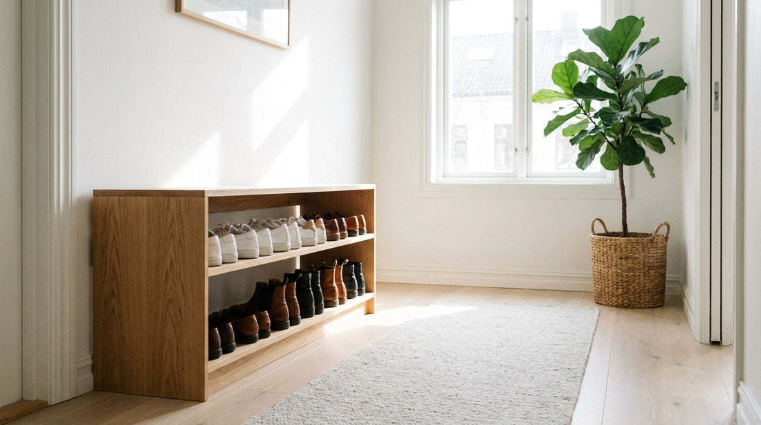 Aufgeräumter Flur mit Schuhregal – Schuhgeruch loswerden